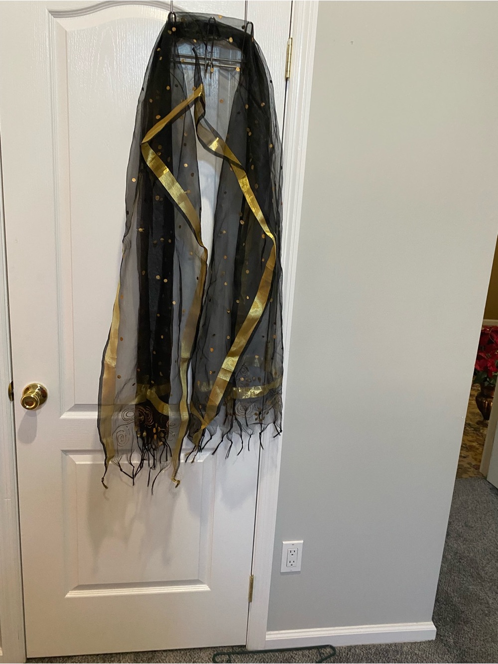 Black Sheer Scarf with Gold Polka Dots and Trim